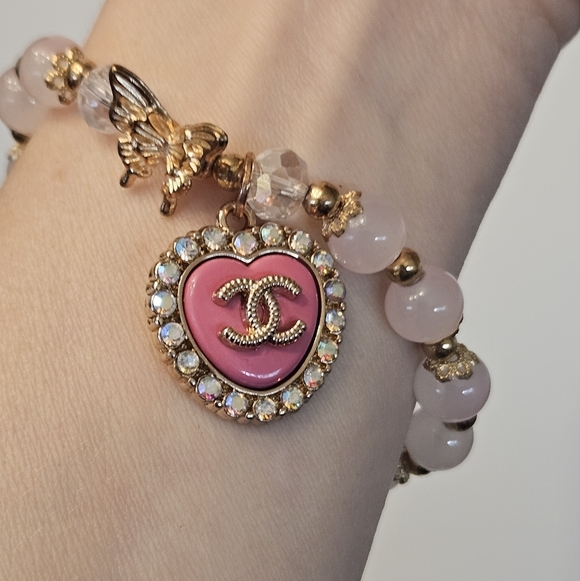 Glass Beaded Bracelet With Stamped CHANEL Crystaled Pink Heart Replacement Charm - Picture 3 of 9